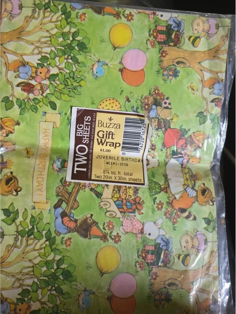 Vintage Buzza Juvenile Birthday Gift Wrap Two Big Sheets 20x30in Animals Green